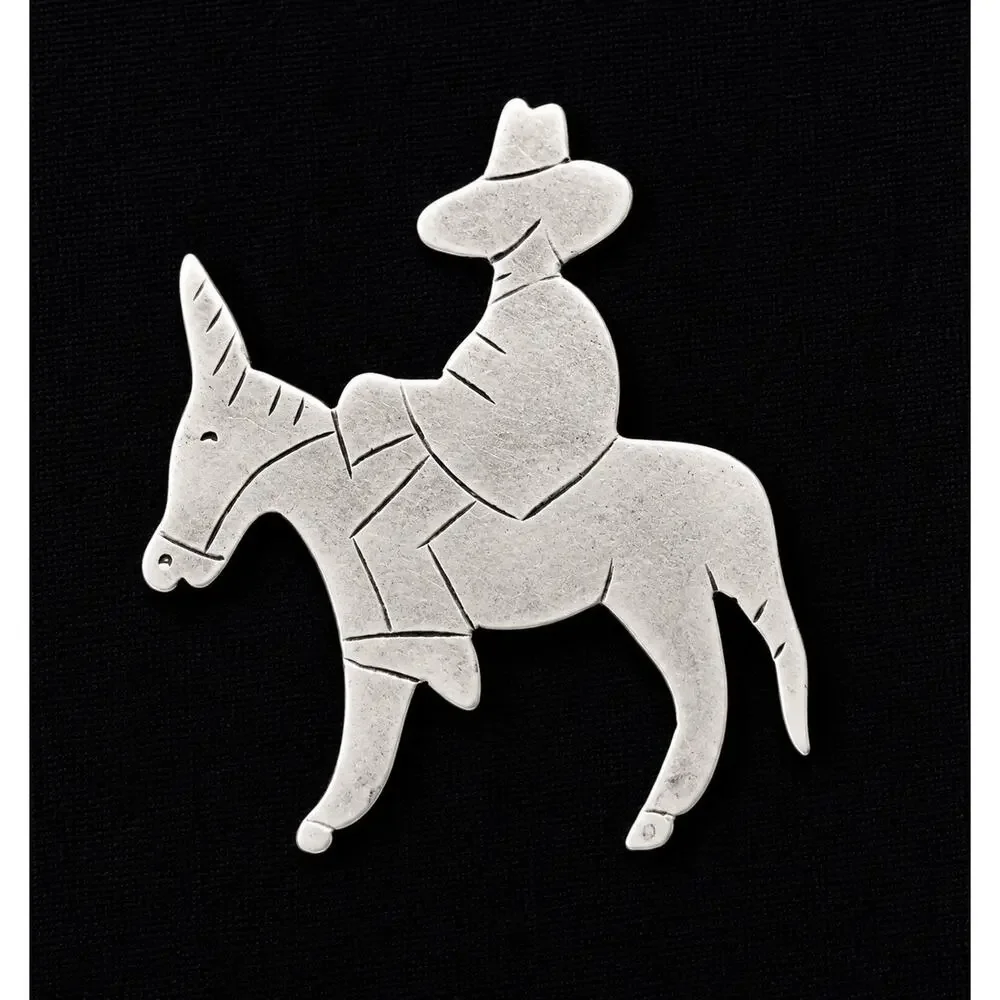 Vintage Cowboy Riding Burro Donkey Brooch Pin Folk Art Style Unmarked